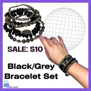 Bracelet Set, Black/Grey Beads and Pendants
